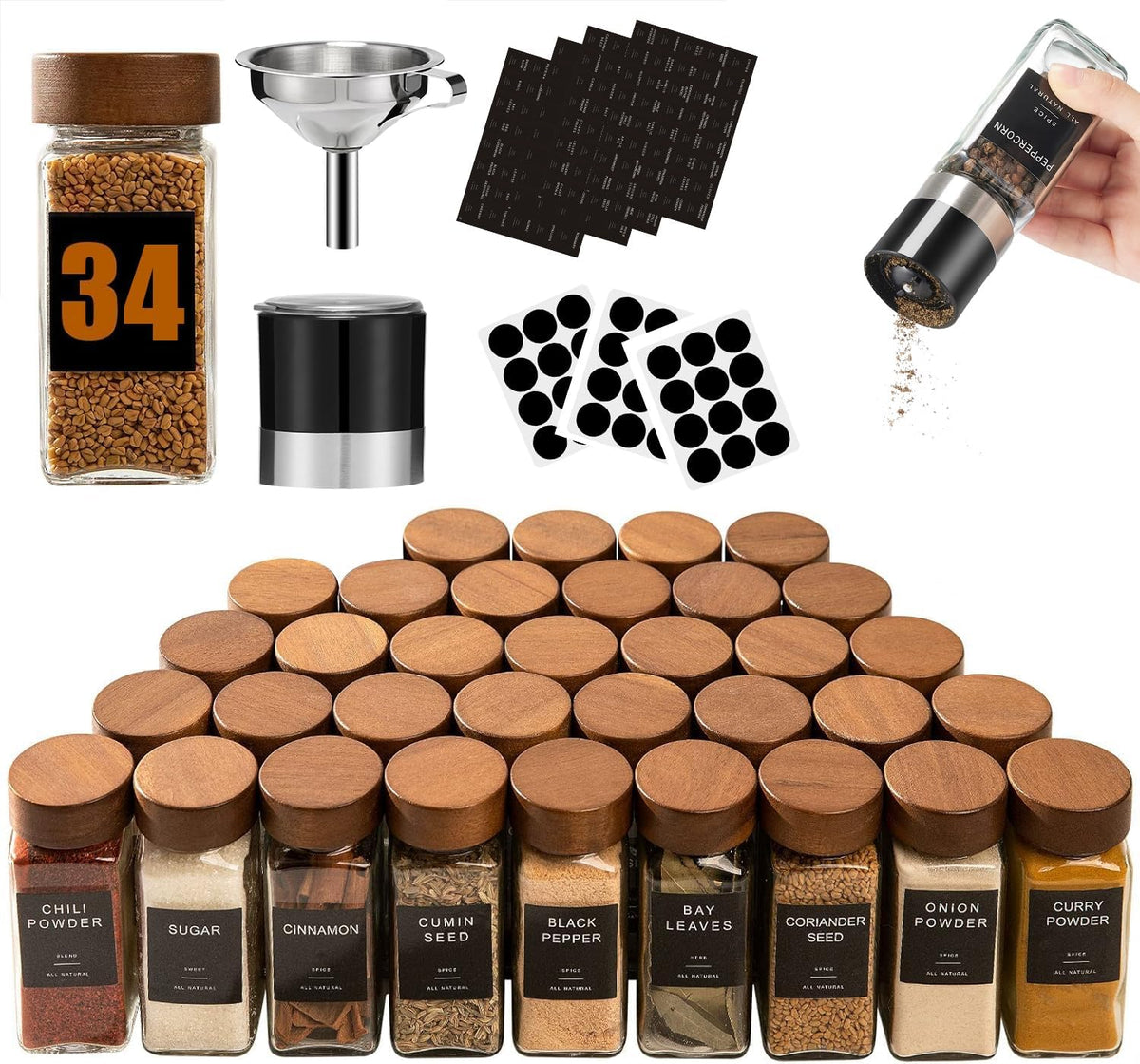 Yangbaga 34Pcs Glass Spice Jars with Labels-4oz Acacia Wood Lid Square Spice Containers with Pepper