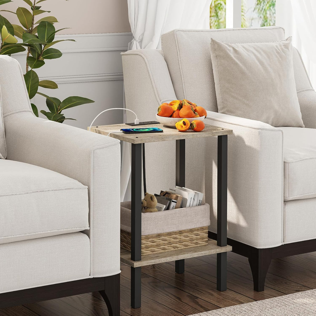 TUTOTAK End Table with Charging Station, Set of 2, Small Side Table, Nightstand Bedside Table