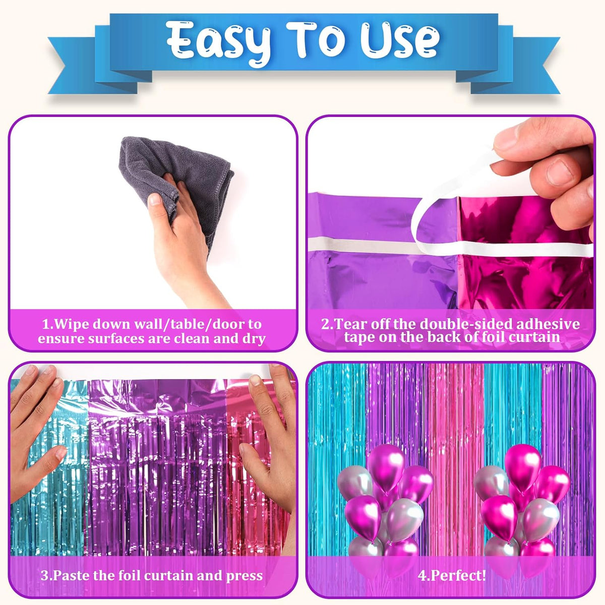 3 Pack 3.3 x 8.2 ft Blue Purple Pink Foil Fringe Backdrop Curtains, Tinsel Streamers Party