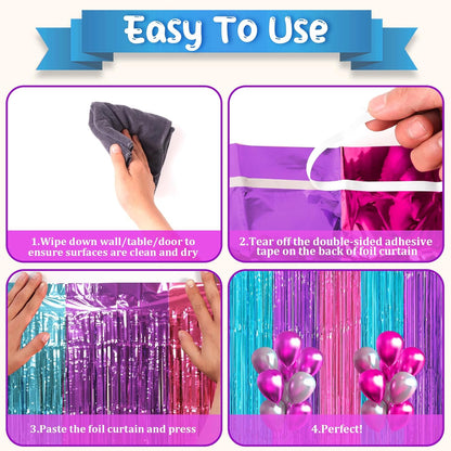 3 Pack 3.3 x 8.2 ft Blue Purple Pink Foil Fringe Backdrop Curtains, Tinsel Streamers Party