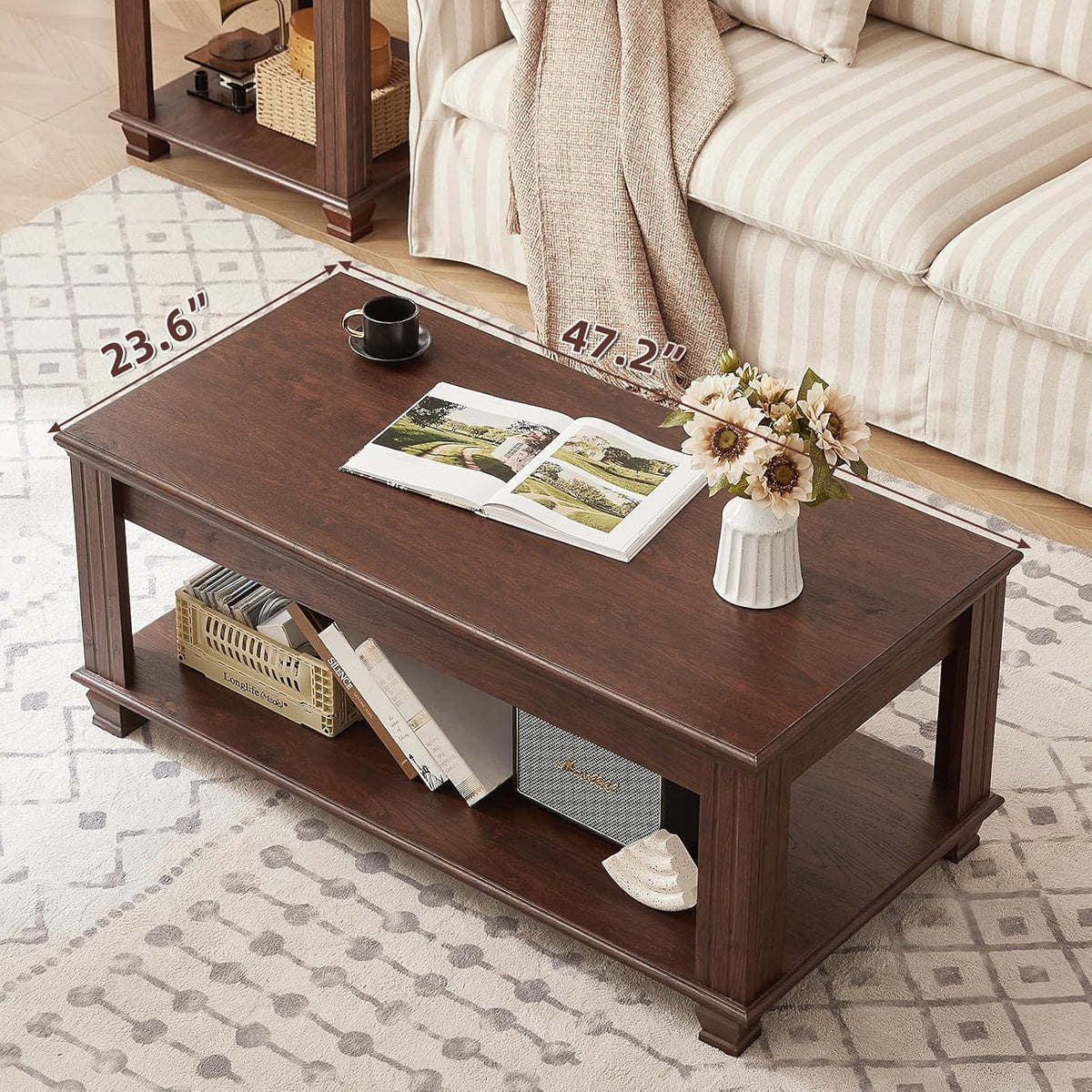 Farmhouse Coffee Tables for Living Room,Square Living Room Tables with Open Storage Shelf,Large