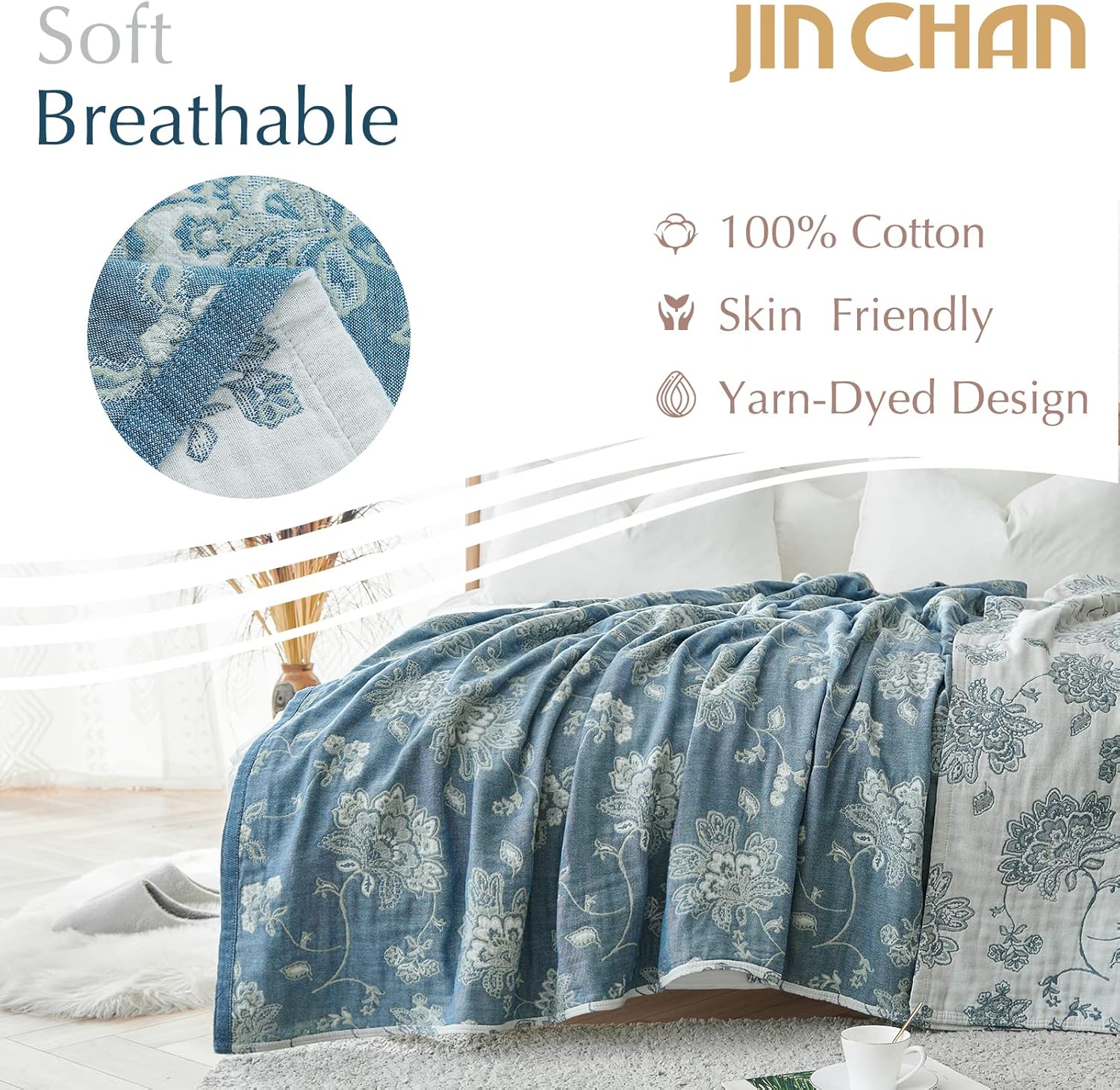 jinchan Boho 100% Cotton Muslin Twin Size 50x60 Inches Blanket Lightweight 4-Layer Quilted Soft