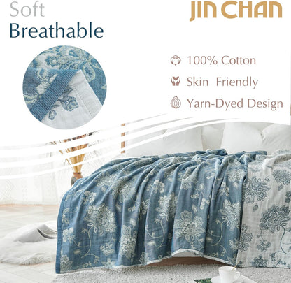 jinchan Boho 100% Cotton Muslin Twin Size 50x60 Inches Blanket Lightweight 4-Layer Quilted Soft