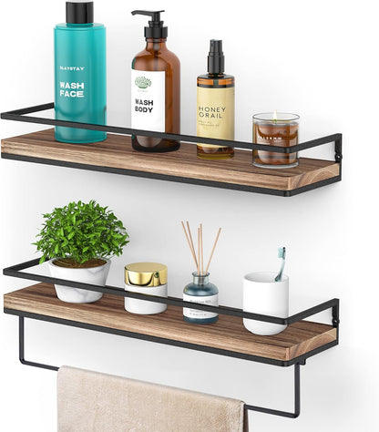 Meangood Floating Shelves Wall Mounted Set of 2, Wall Shelf with Towel Bar Rustic Wood Wall Storage