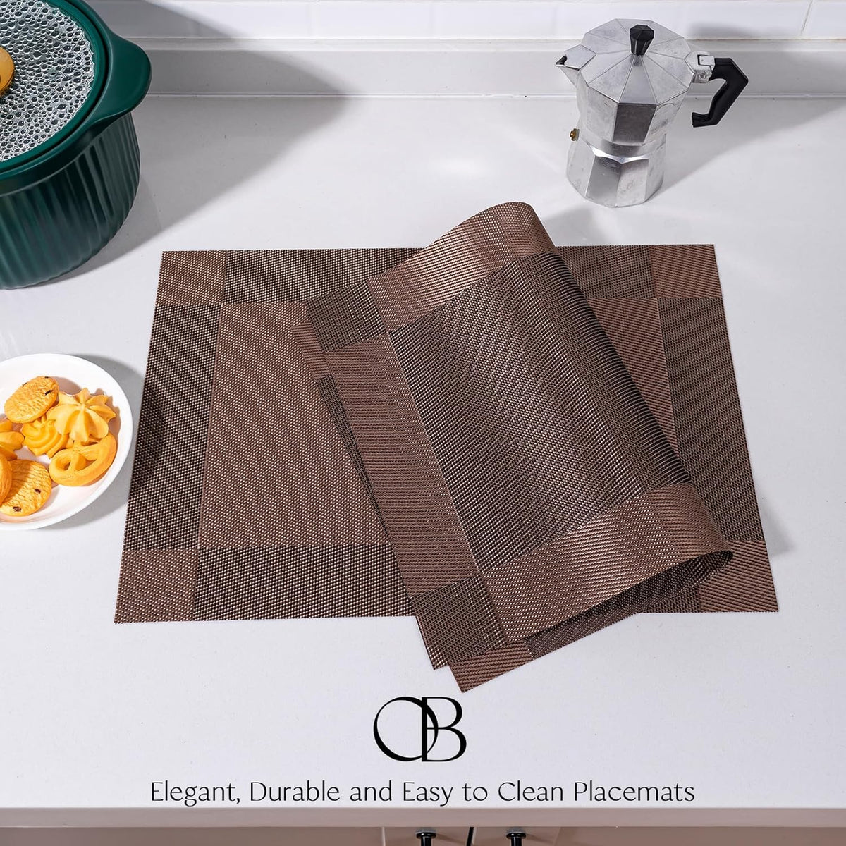 Placemats Set of 6 - Easy Clean Woven Vinyl Placemats for Dining Table, Indoor/Outdoor Place Mats