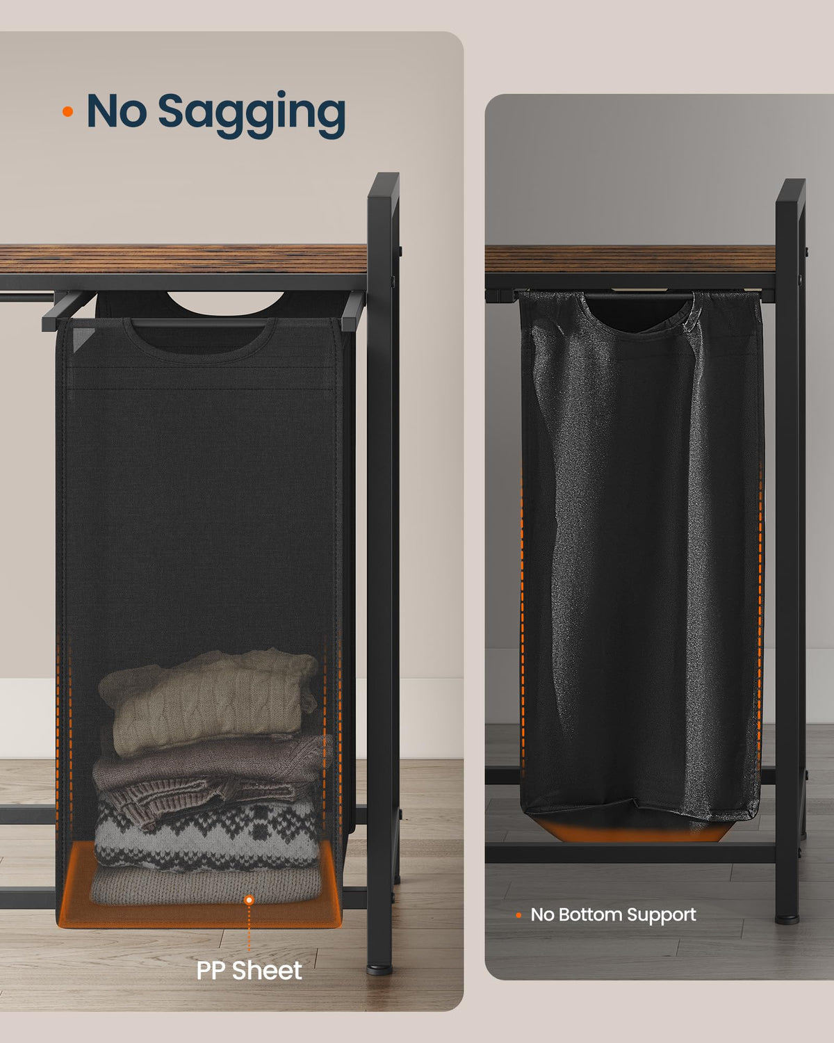 SONGMICS HOME Laundry Basket Sorter with Storage Shelf, Laundry Hamper with Metal Frame, 2 x 12.1