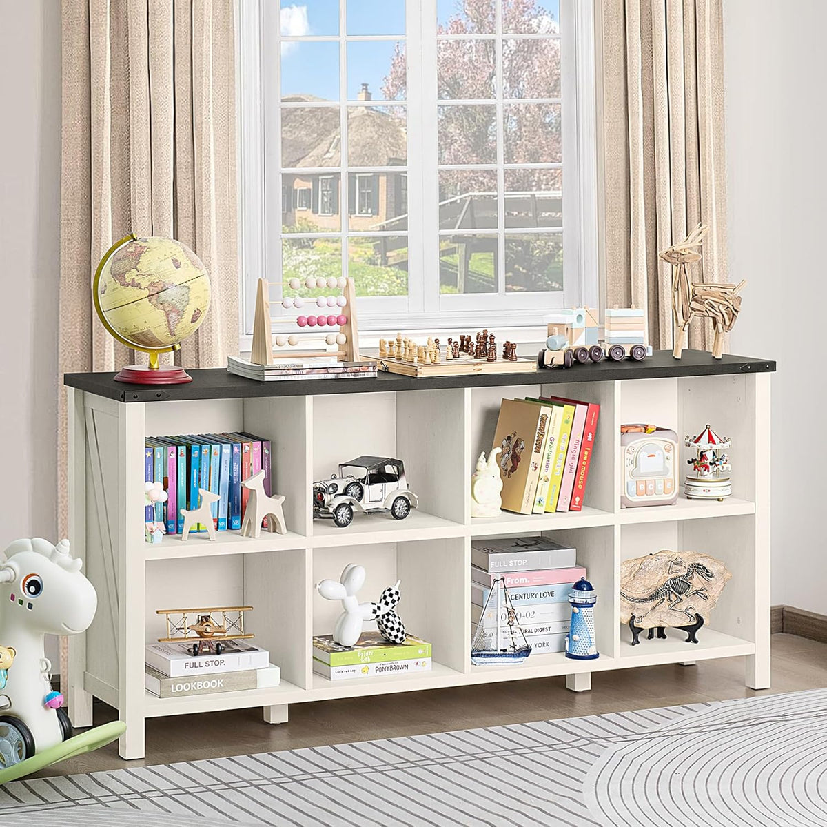 8 Cube Book Shelf, Farmhouse Wood Long Storage Organizer Bookcase, 62" Horizontal Antique White &