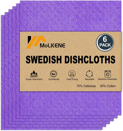 Swedish Dishcloths for Kitchen | 6 Pack Absorbent Cellulose Sponge Cloths Washable | Non-Scratch