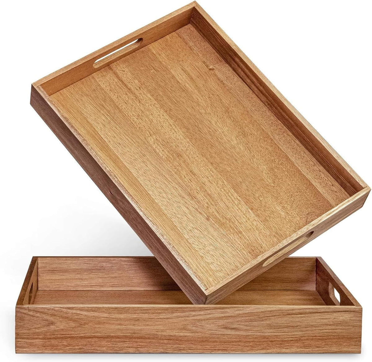 Acacia Wood Serving Tray with Handles Set of 2 – Decorative Serving Trays Platter for Breakfast in