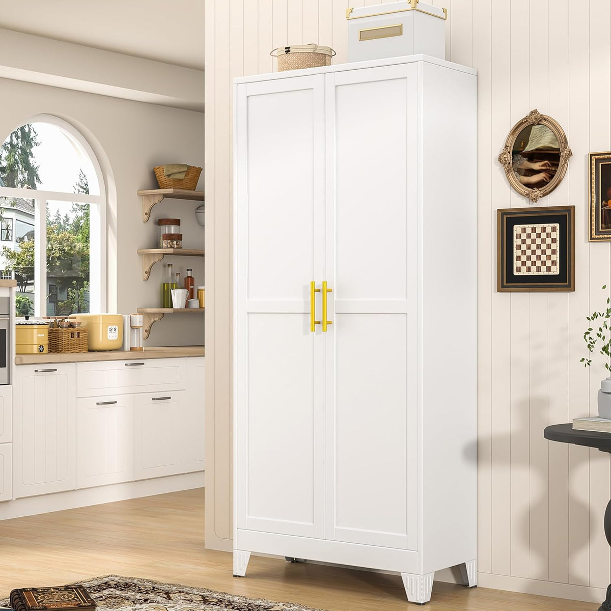 71" Tall Metal Pantry Storage Cabinet with Doors and 4 Adjustable Shelves, White Kitchen Food