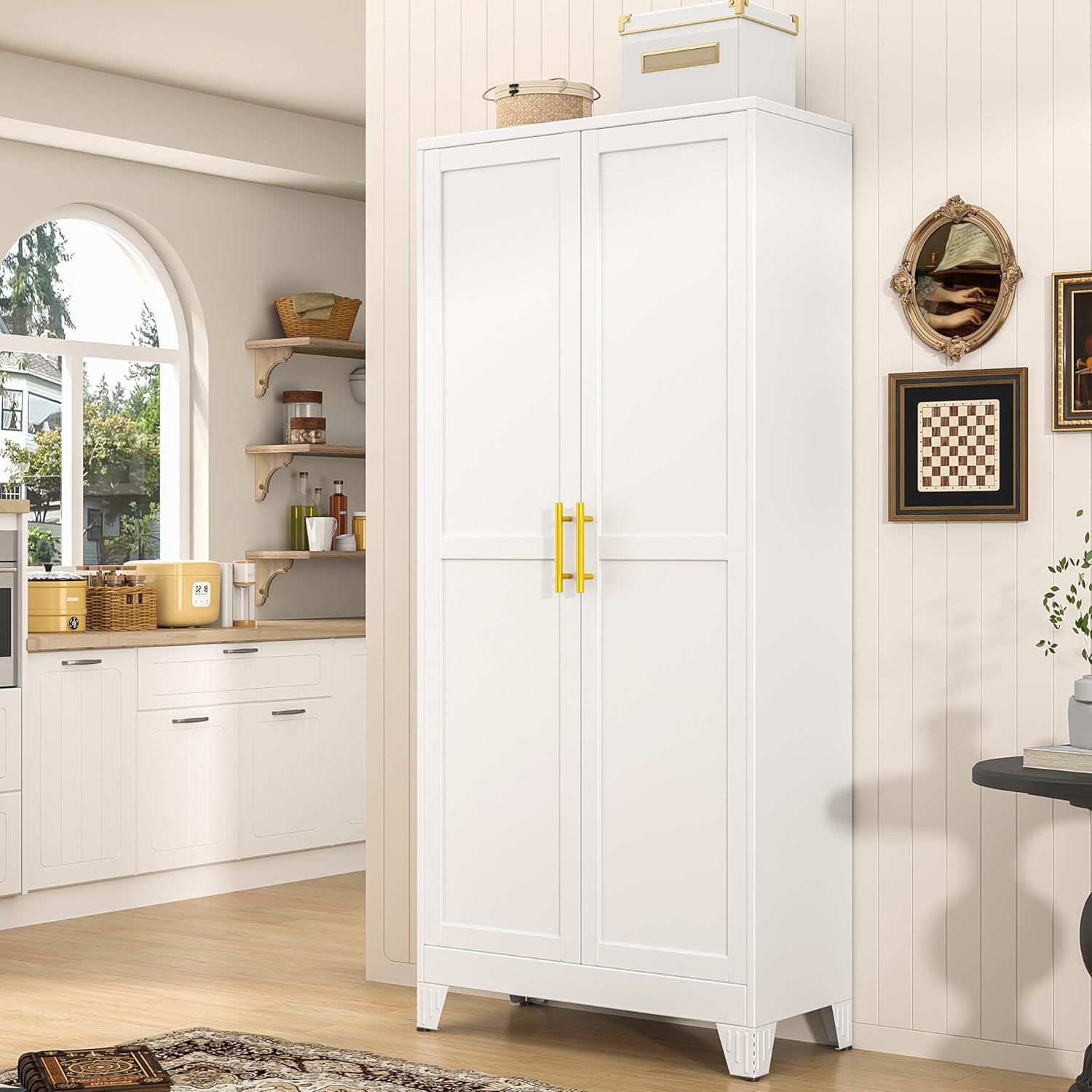 71" Tall Metal Pantry Storage Cabinet with Doors and 4 Adjustable Shelves, White Kitchen Food