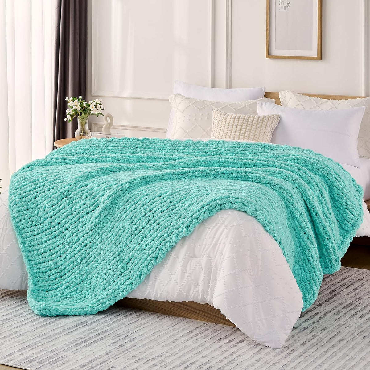 L'AGRATY Chunky Knit Blanket Throw: 50''x60'' Chenille Chunky Knitted Throw Blanket for Bed Couch