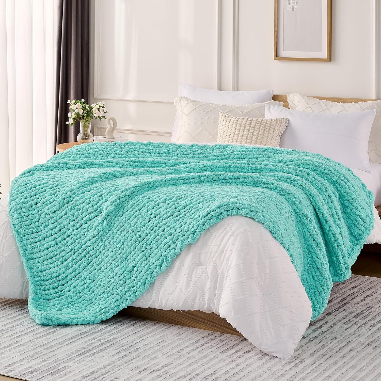 L'AGRATY Chunky Knit Blanket Throw: 50''x60'' Chenille Chunky Knitted Throw Blanket for Bed Couch