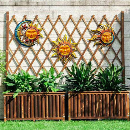 Sun Face Metal Wall Art Décor Outdoor Indoor, Sun Moon Star, Metal Glass Hanging for Garden Sun