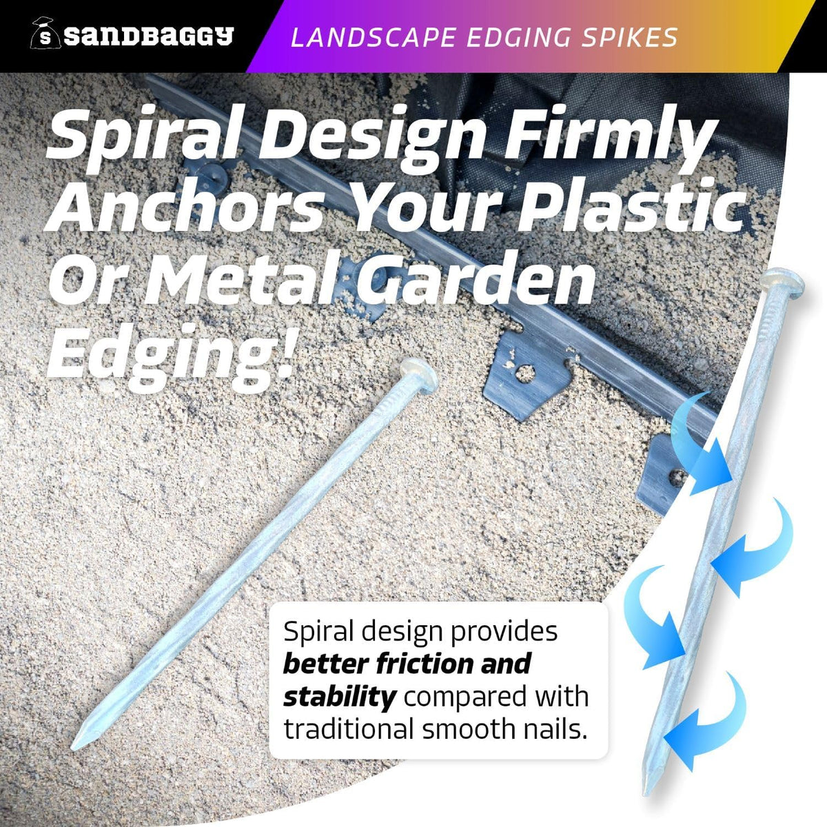Sandbaggy 6 inch Galvanized Landscape Edging Spikes - Spiral Landscape Nails - 7 Gauge Steel