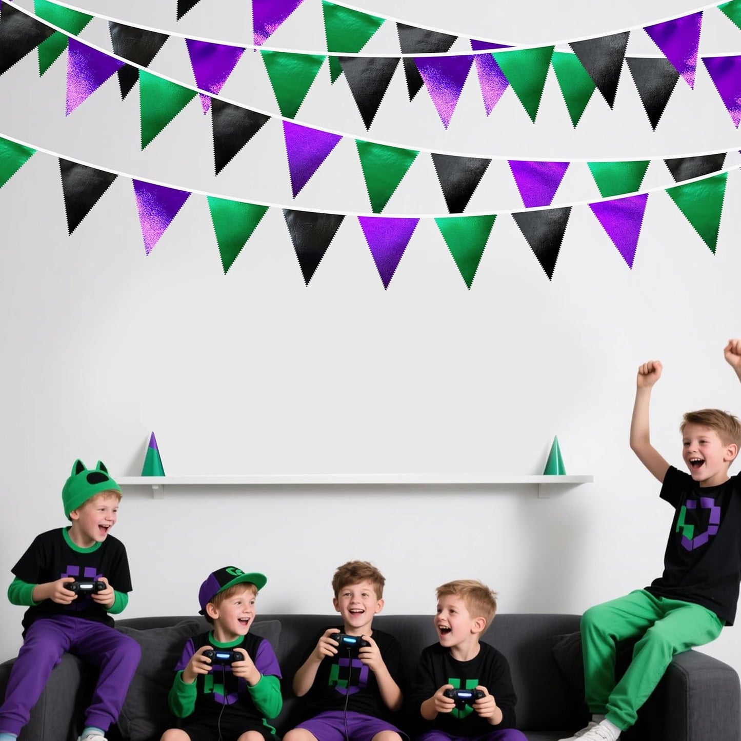 Black Purple Green Party Decorations Metallic Fabric Triangle Pennant Banner Flag Bunting for Boys