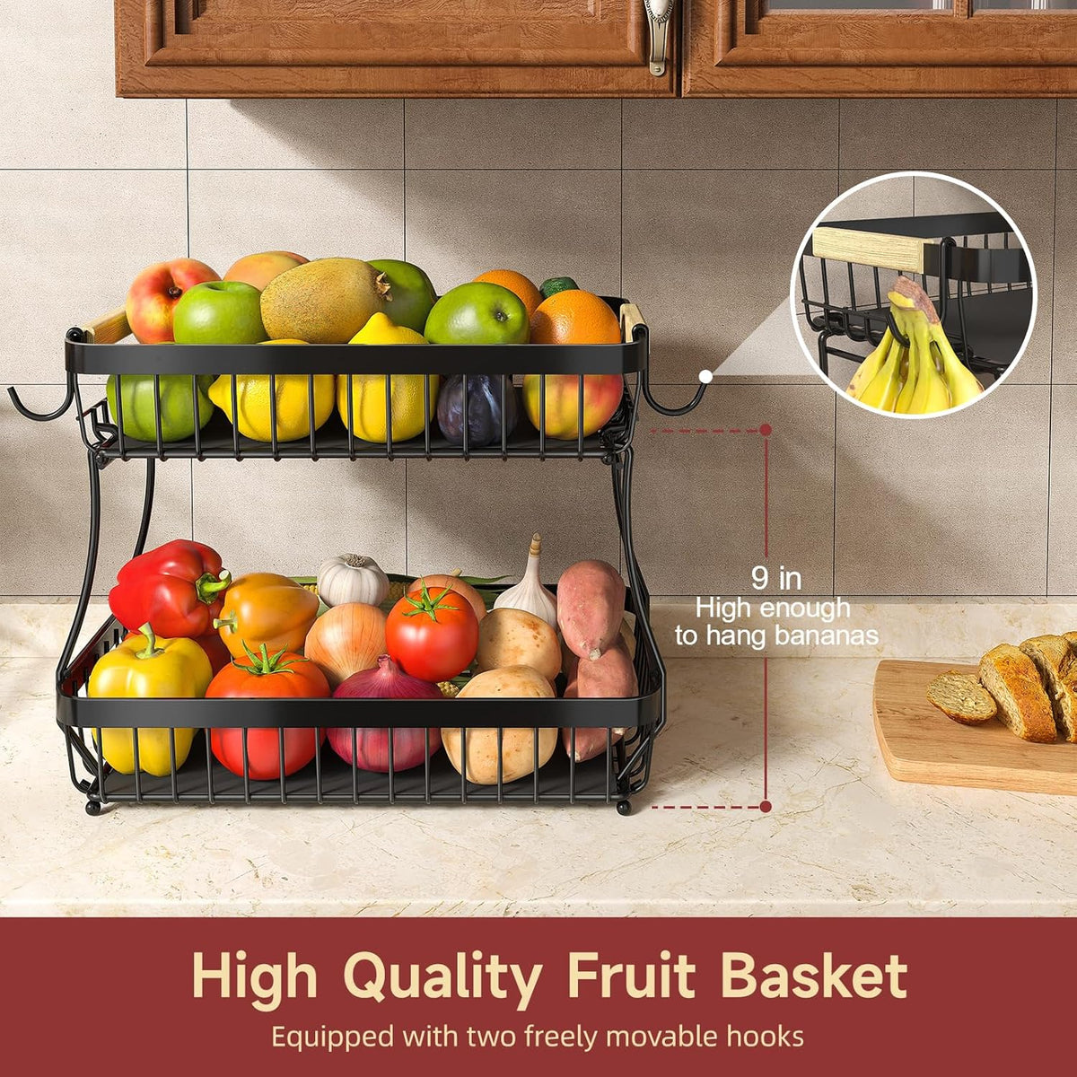 2 Tier Fruit Basket for Kitchen Counter with 2 Mobile Banana Hangers, 2025 Pro Detachable Metal