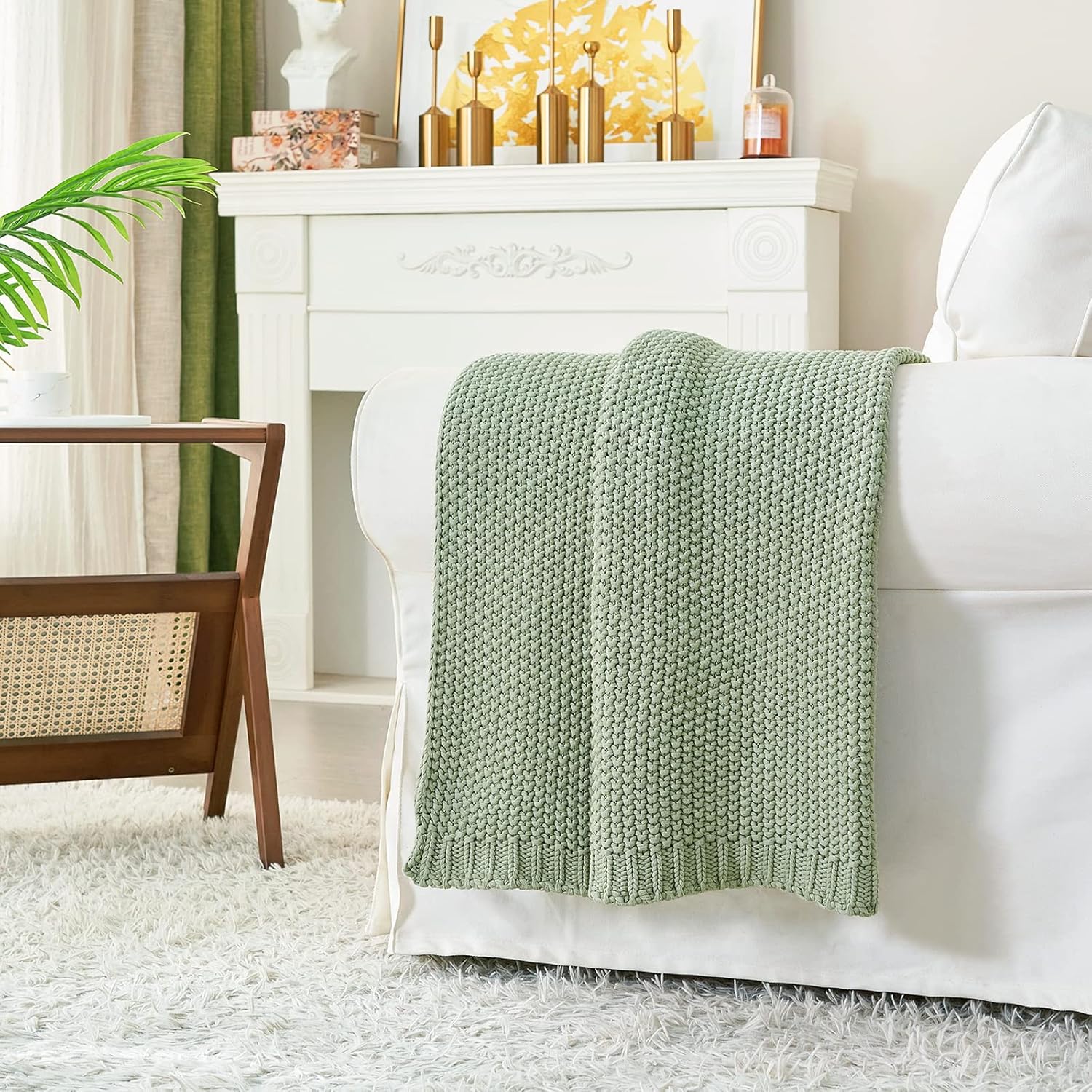Chunky Cable Knit Throw Blanket Lightweight Light Green 100% Organic Cotton Blanket for Sofa Couch