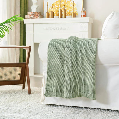 Chunky Cable Knit Throw Blanket Lightweight Light Green 100% Organic Cotton Blanket for Sofa Couch