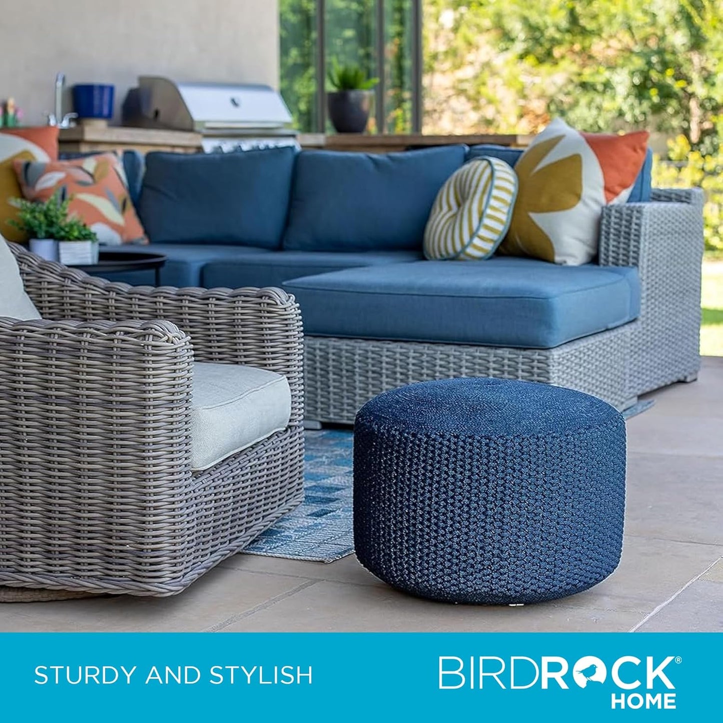 BIRDROCK HOME Outdoor Pouf Ottoman | Hand Woven Waterproof Foot Stool with Bead Bag Filling | Boho