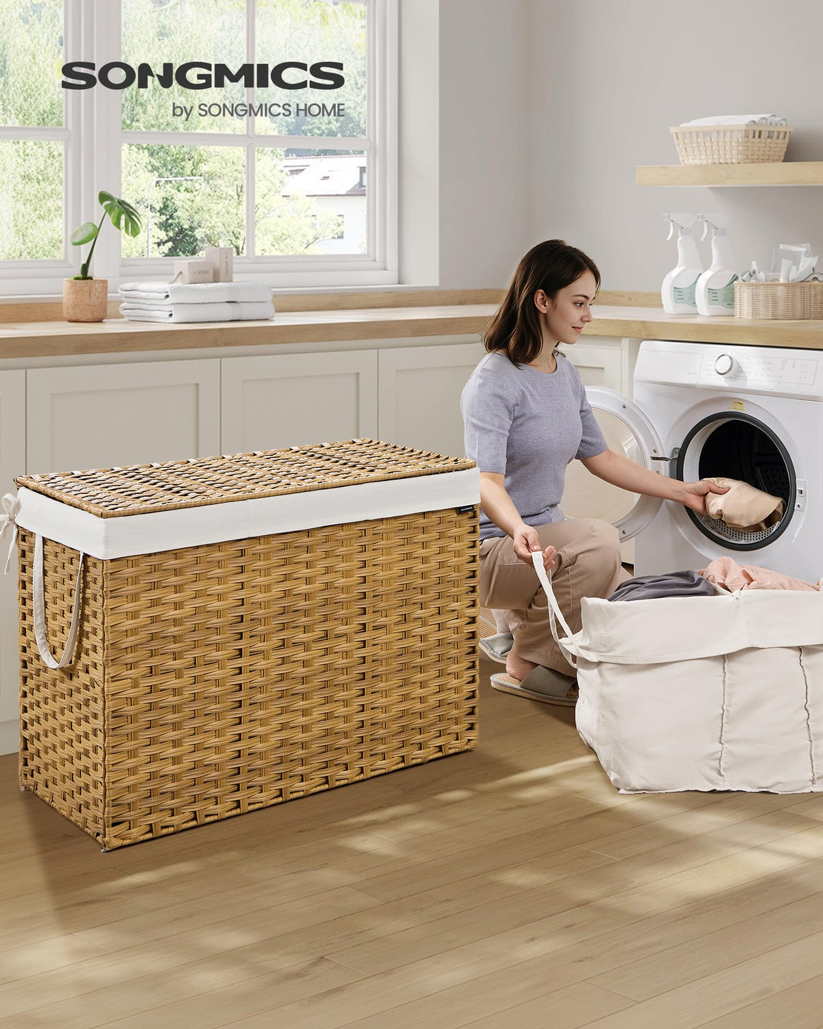 SONGMICS Laundry Hamper with Lid, 200 L Wicker Laundry Basket