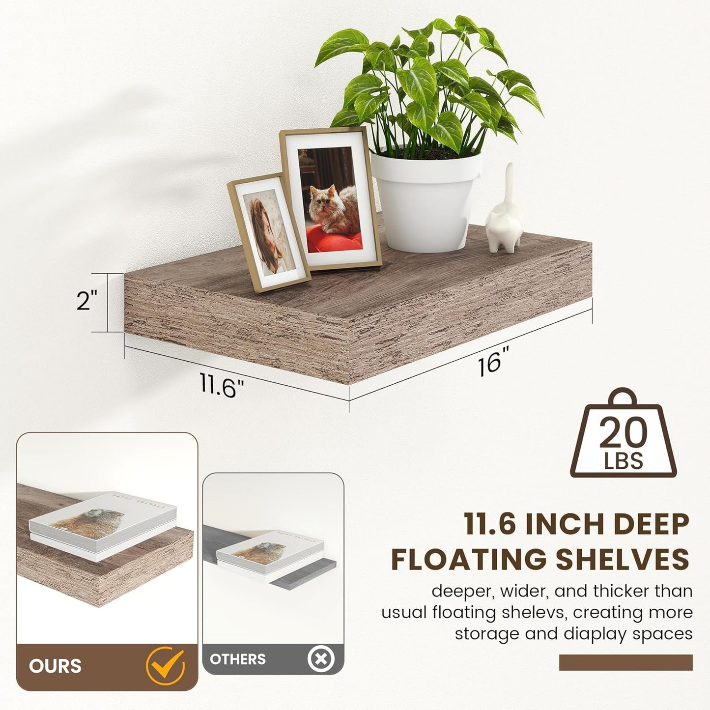 Deep Floating Shelves for Wall | 16 Inch Wide x 12 Inch Deep Floating Shelves Set of 2 | Rustic