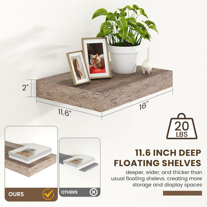 Deep Floating Shelves for Wall | 16 Inch Wide x 12 Inch Deep Floating Shelves Set of 2 | Rustic