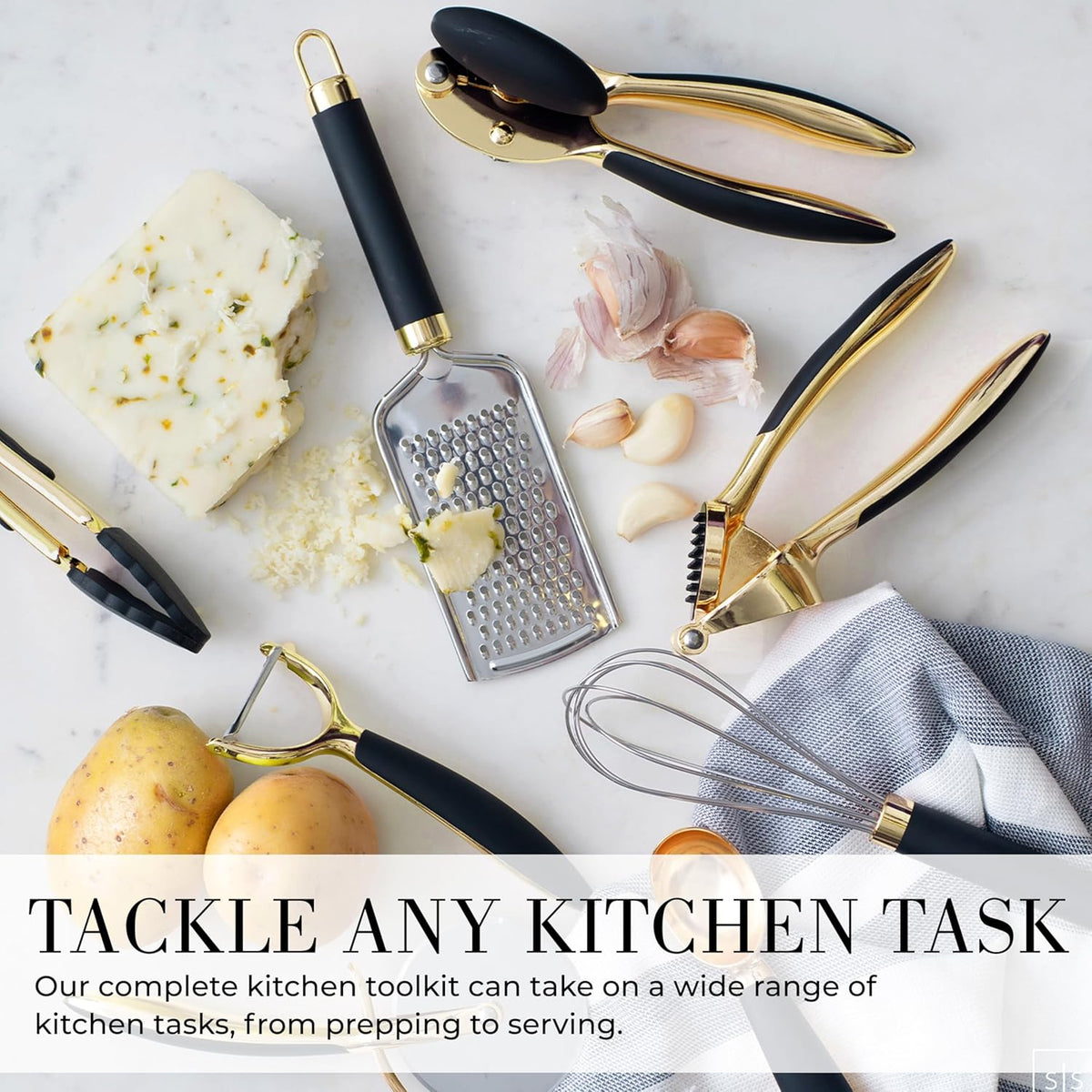 Black and Gold Kitchen Utensils - Luxe 8-Piece Gold Kitchen Tools Set with Can Opener, Pizza