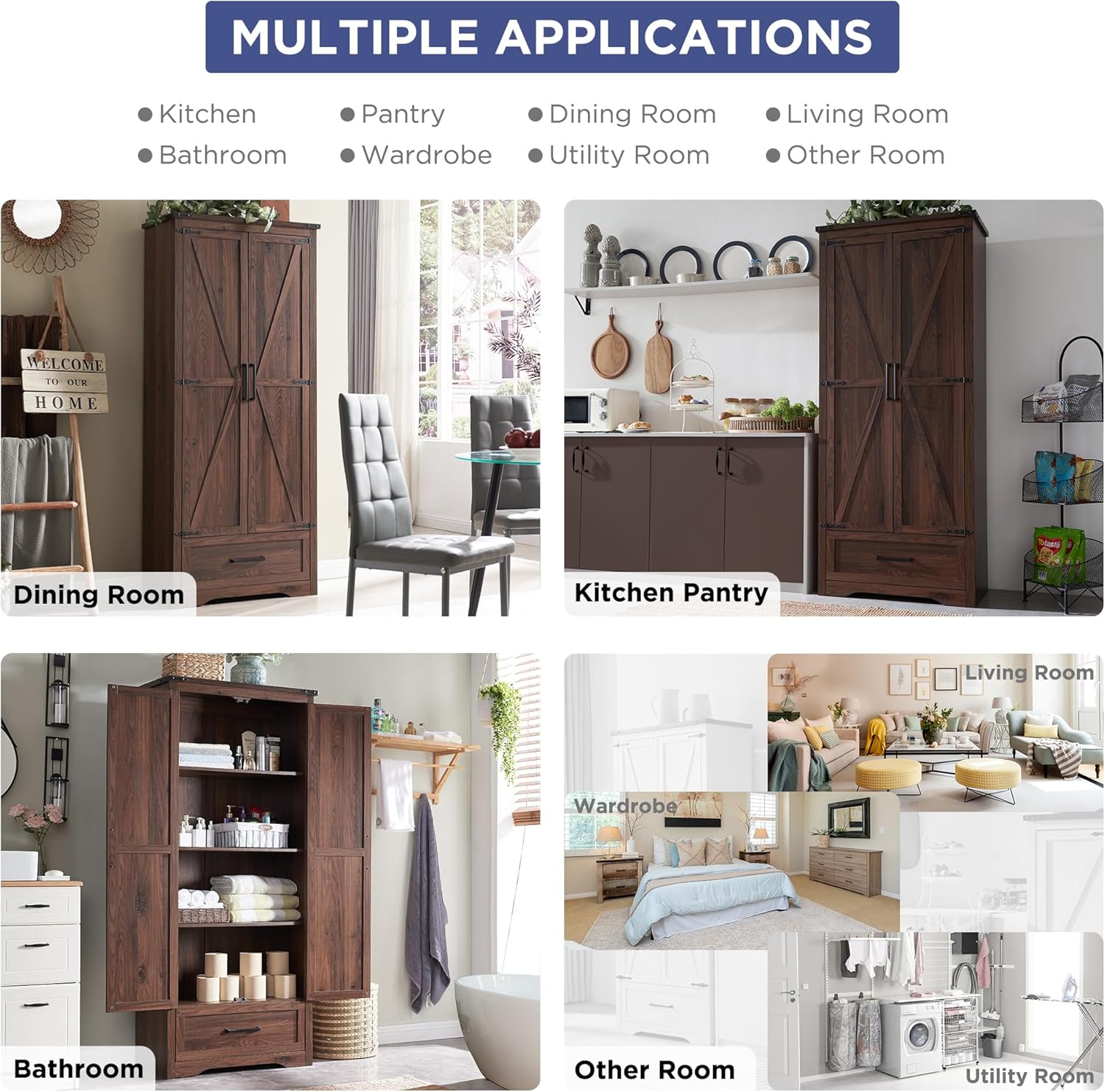 JXQTLINGMU Farmhouse Kitchen Pantry Cabinet - 72" Tall Wood Kitchen Storage Cabinets with