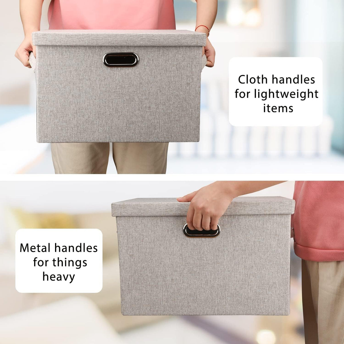 Large 17" 36 Quart Collapsible Stackable Storage Bins with Lids, 5 Packs Beige Linen Fabric Closet