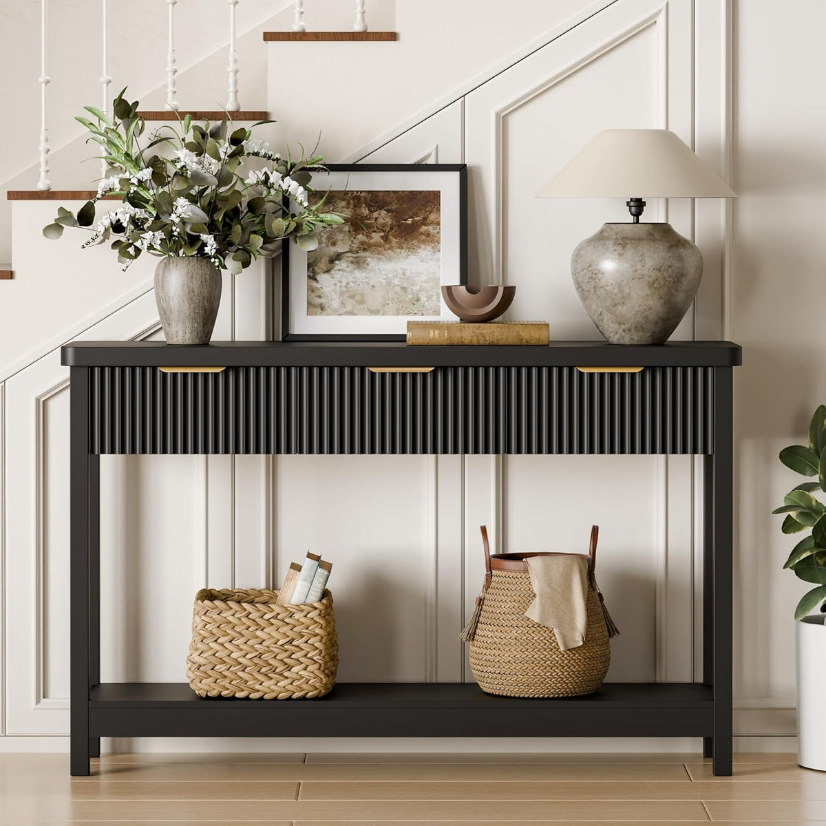 Lulive 51" Fluted Console Table for Entryway, Entryway Table with 3 Wooden Drawers, Farmhouse