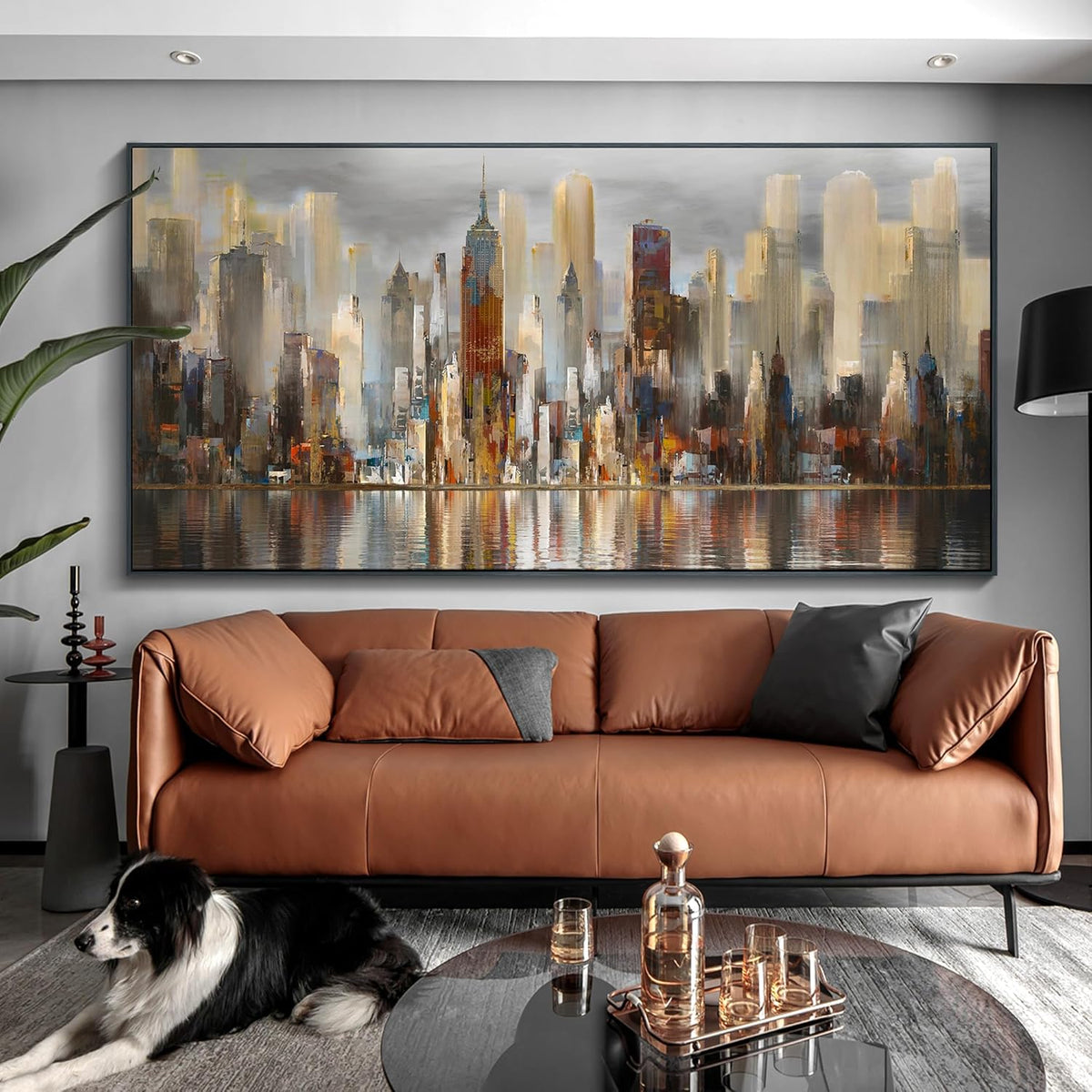 Mofutinpo Large Black Framed Cityscape New York abstract wall art Brown City Theme Paintings Modern