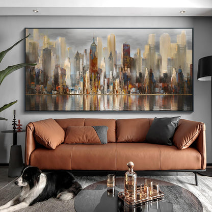 Mofutinpo Large Black Framed Cityscape New York abstract wall art Brown City Theme Paintings Modern