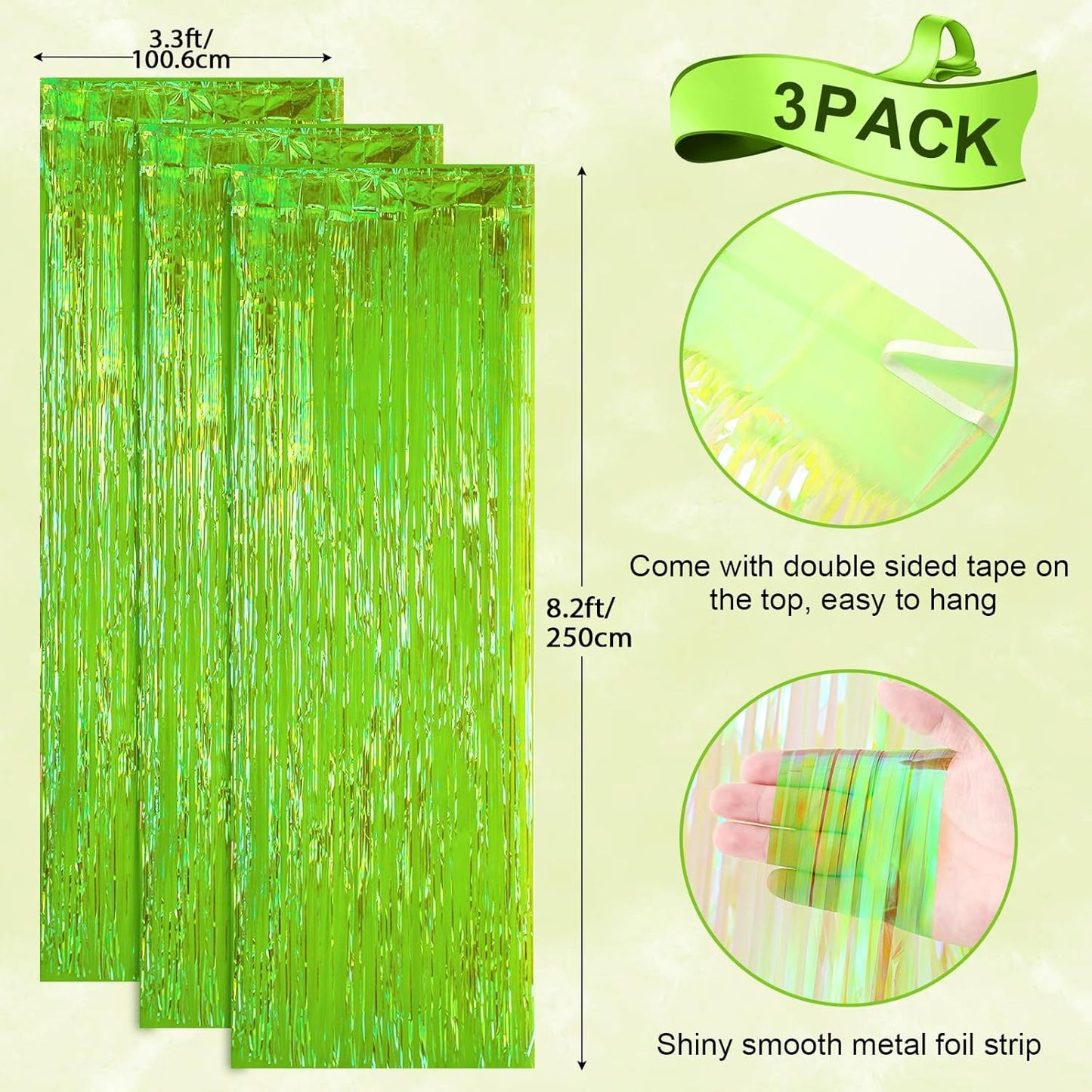 3 Pack 3.3x8.2 Feet Neon Green Foil Fringe Backdrop Curtains, Tinsel Streamers Birthday Party