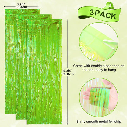 3 Pack 3.3x8.2 Feet Neon Green Foil Fringe Backdrop Curtains, Tinsel Streamers Birthday Party