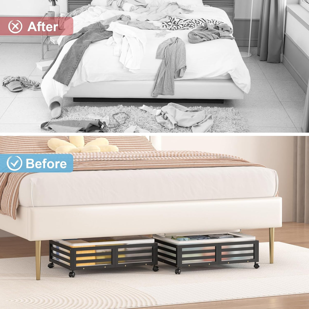 Under Bed Storage Containers With Wheels - 2 Pcs Bamboo Wood Rolling Underbed Shoe Storage Bins