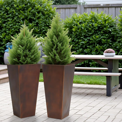 WORTH Garden 12" Dia x 25" H Large Metal Planter Set of 2, Matte Bronze Retro Finish Tall Square