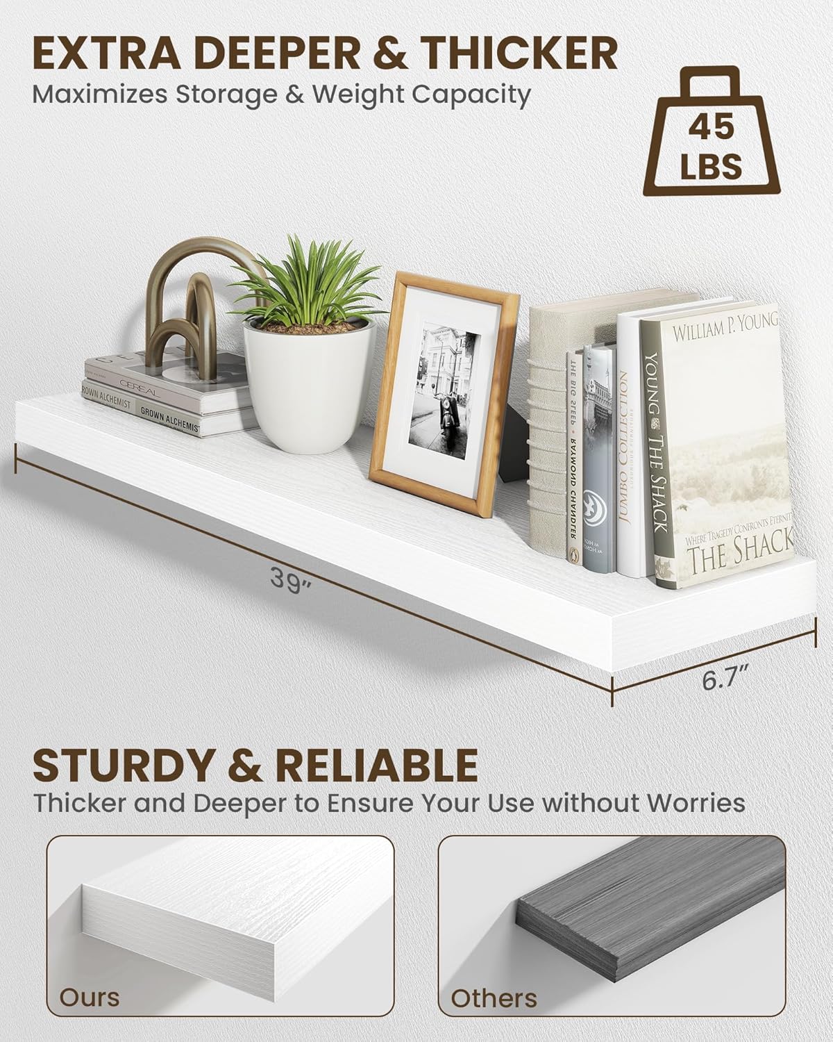 Marsmiles 39" Floating Shelves for Wall, Wooden Shelves with Invisible Brackets Set of 2, Rustic