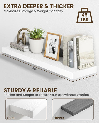 Marsmiles 39" Floating Shelves for Wall, Wooden Shelves with Invisible Brackets Set of 2, Rustic