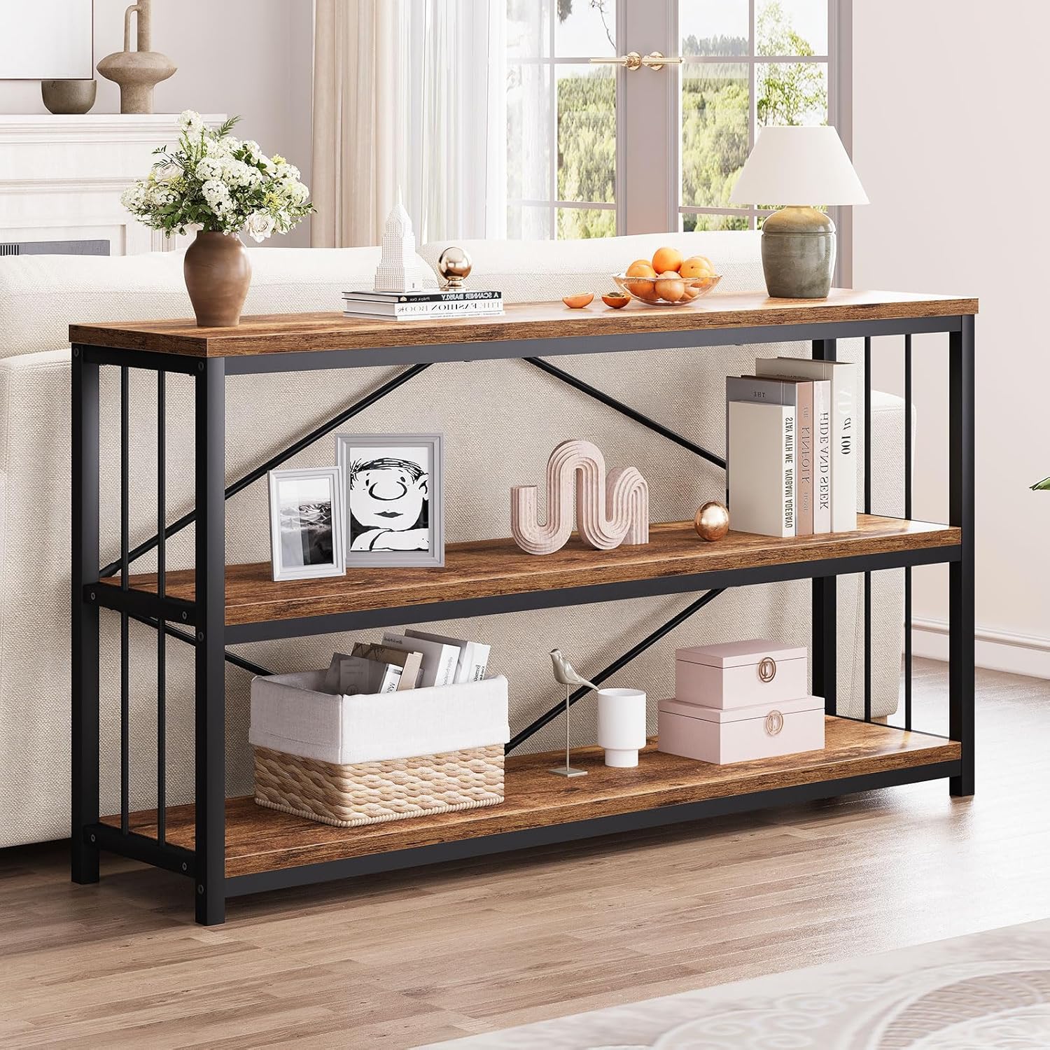 LVB Industrial Console Entryway Table, Metal Wood Rustic Sofa Table with Storage, Farmhouse 3 Tier