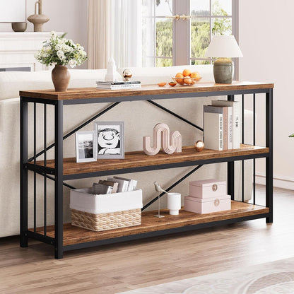 LVB Industrial Console Entryway Table, Metal Wood Rustic Sofa Table with Storage, Farmhouse 3 Tier