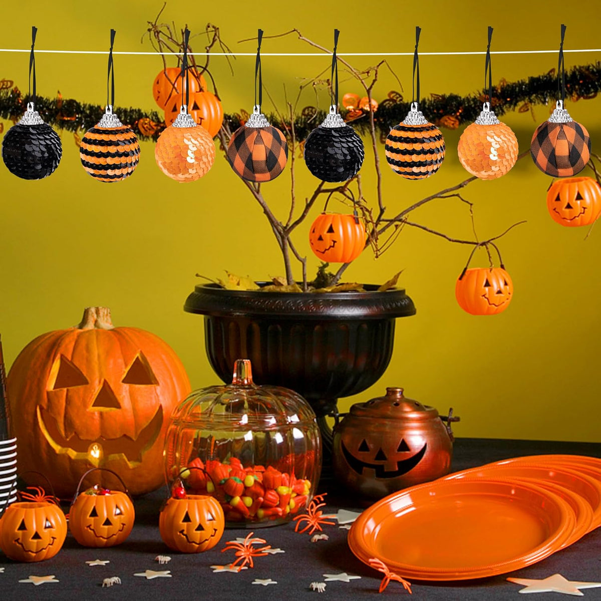 24 PCS Halloween Sequin Hanging Ball Ornaments-1.6 Inch Halloweens Black Orange Sequin