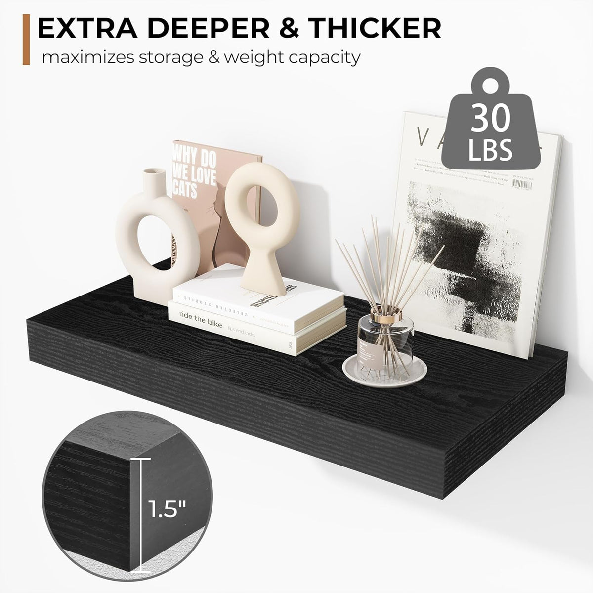 Fun Memories 16 Inch Floating Shelves - Deep Rustic Black Wooden Wall Shelves - Extra Deeper &