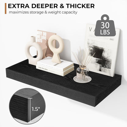 Fun Memories 16 Inch Floating Shelves - Deep Rustic Black Wooden Wall Shelves - Extra Deeper &