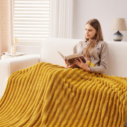 NEWCOSPLAY Super Soft Throw Blanket Mustard Yellow Premium Silky Flannel Fleece 3D Ribbed Jacquard