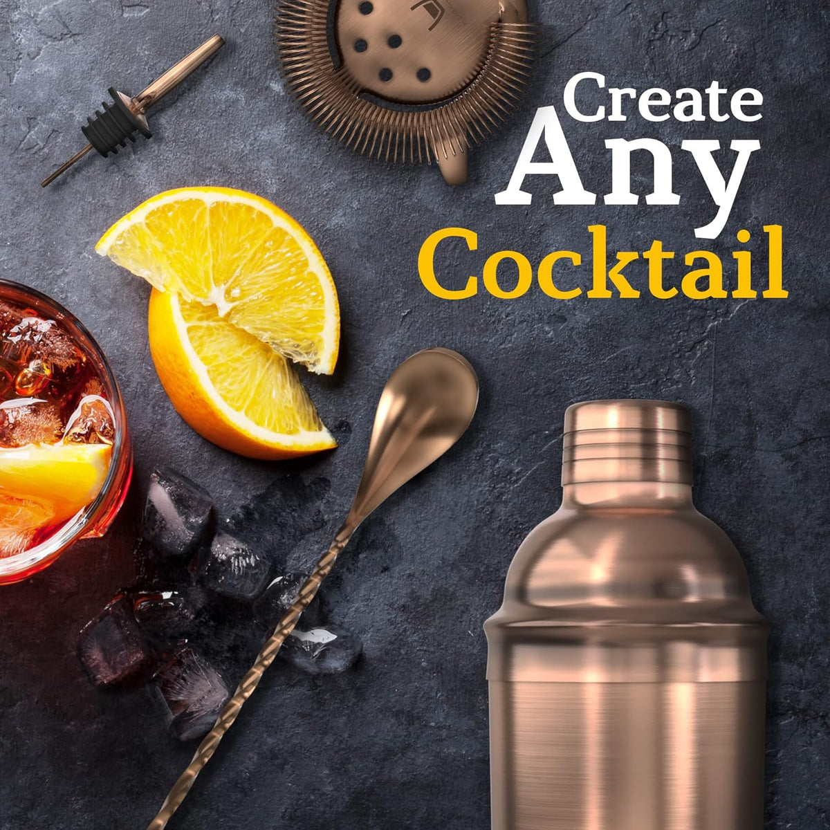 Highball & Chaser 13-Piece Cobbler Cocktail Shaker Set Matte Copper Stainless Steel Bartender Kit