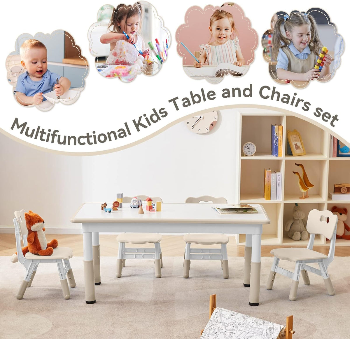 Kids Study Table and Chairs Set, Height Adjustable Toddler Table and Chair Set for Kids Ages 3-8