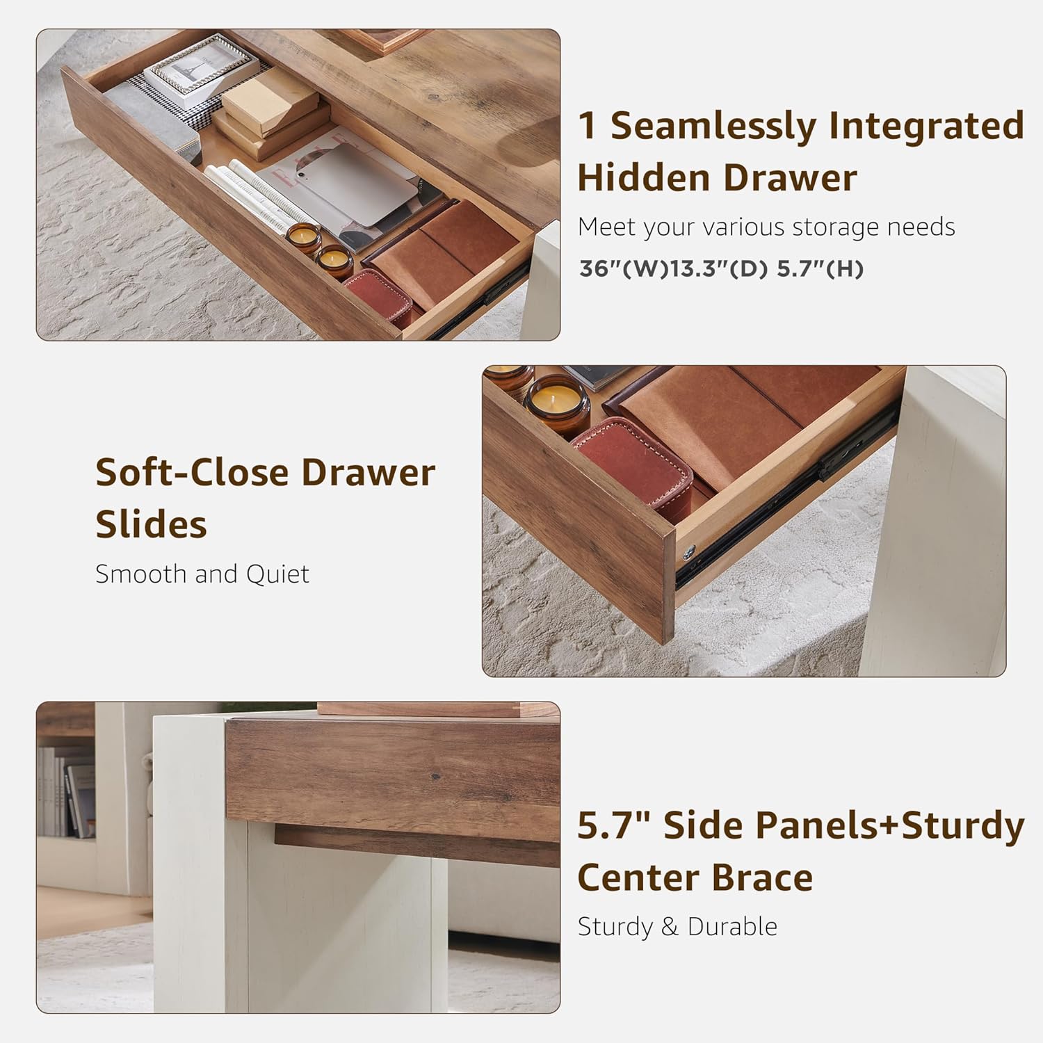 OKD 48" Modern Farmhouse Coffee Table, Wooden Living Room Table with Hidden Storage Drawer, Rustic