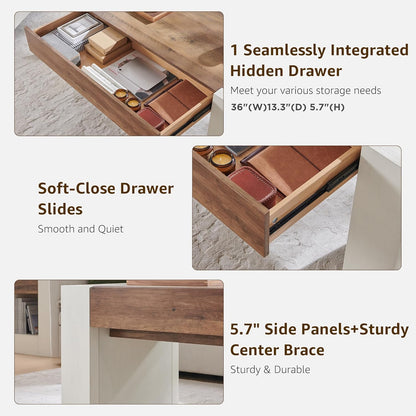OKD 48" Modern Farmhouse Coffee Table, Wooden Living Room Table with Hidden Storage Drawer, Rustic