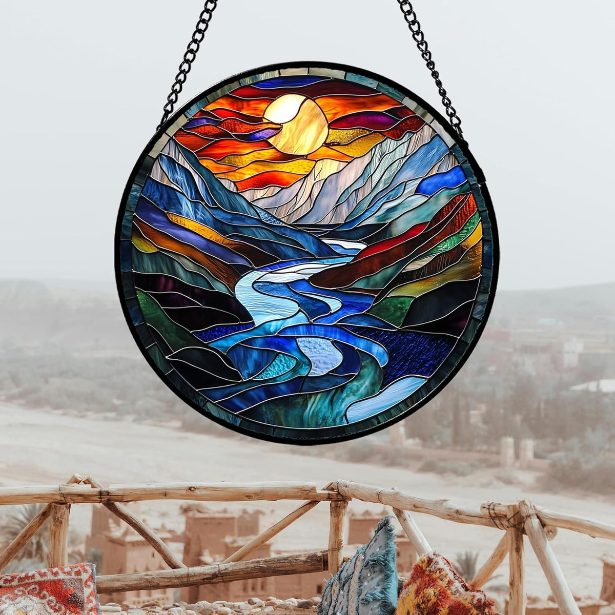 Stained Glass Window Hanging, Canyon Mountains Sunset View Sun Catcher for Window Home Decor